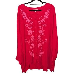 Woman Within Pink Button Up Shirt Floral Embroidery,‎ 2x (26/28) Artsy Feminine